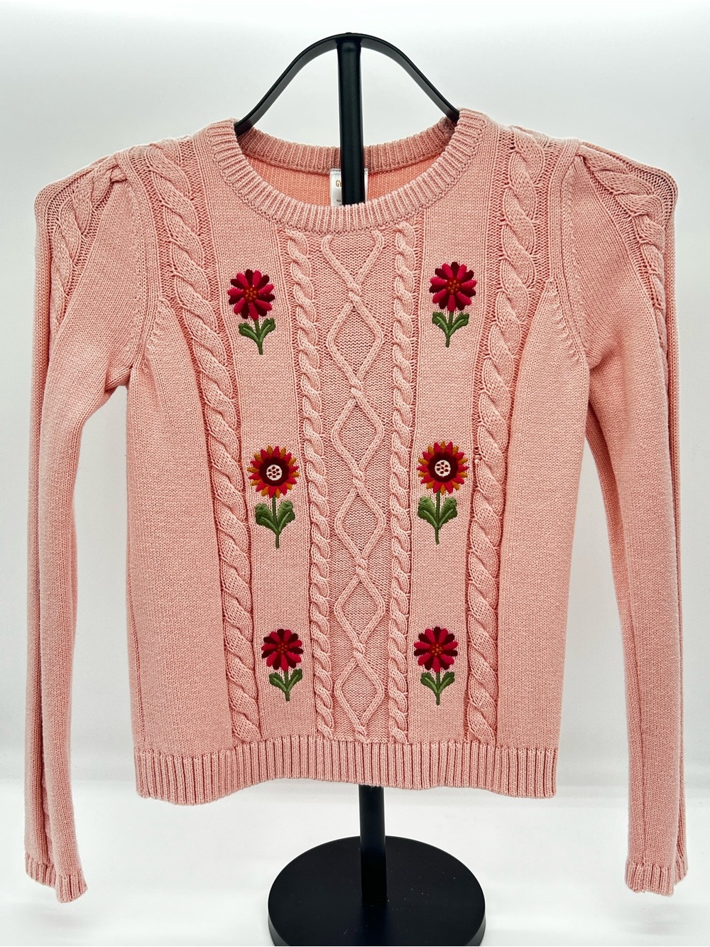 Gymboree Pink Cable Knit Sweater with Floral Embroidery Size 8